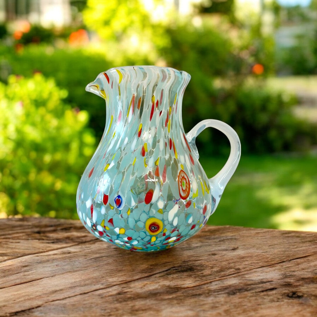 1 Caraffa Colombina in Vetro Soffiata e Lavorata a Mano con Murrine di Murano, linea “I Colori di Murano” 1000 ml. Made in Italy