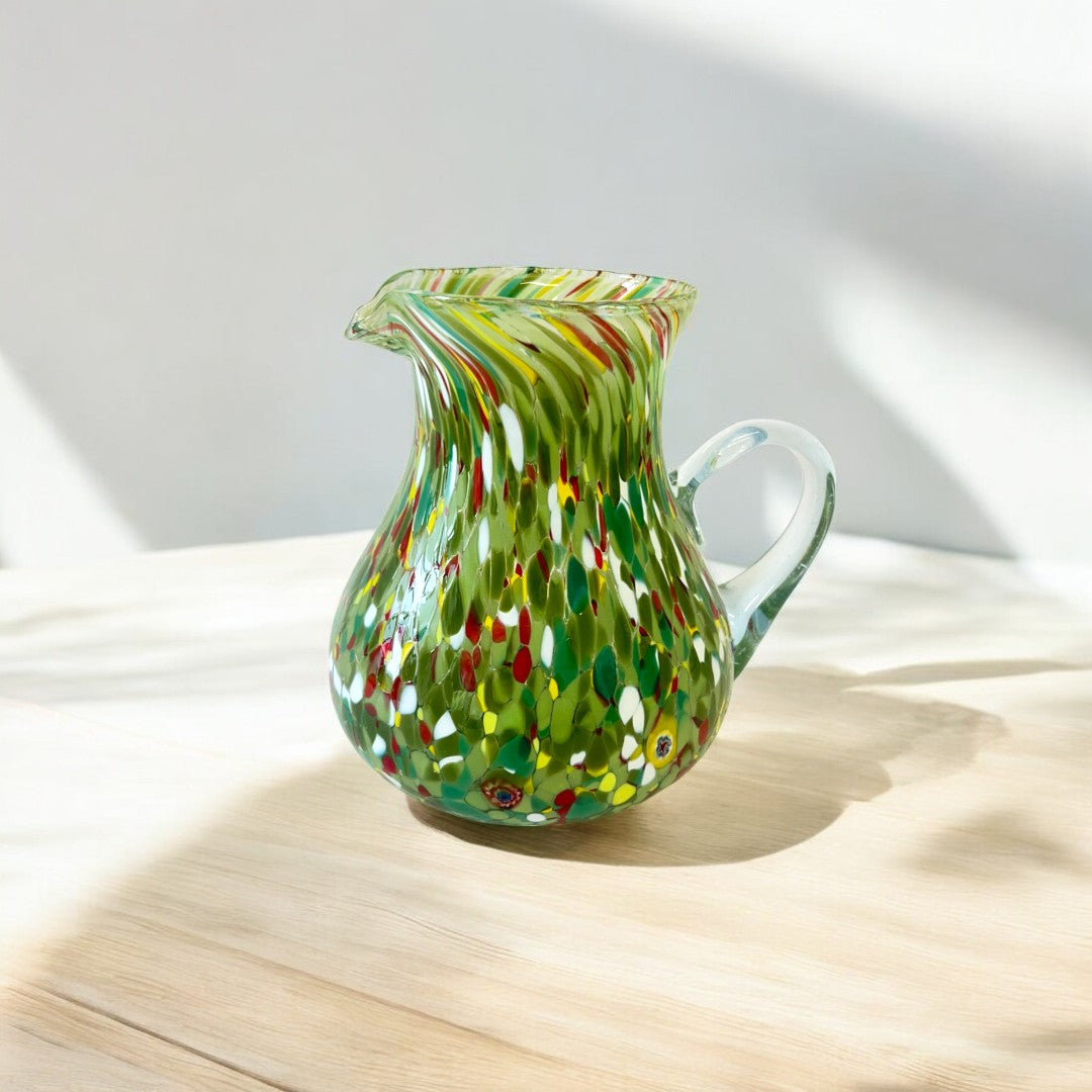 1 Caraffa Colombina in Vetro Soffiata e Lavorata a Mano con Murrine di Murano, linea “I Colori di Murano” 1000 ml. Made in Italy