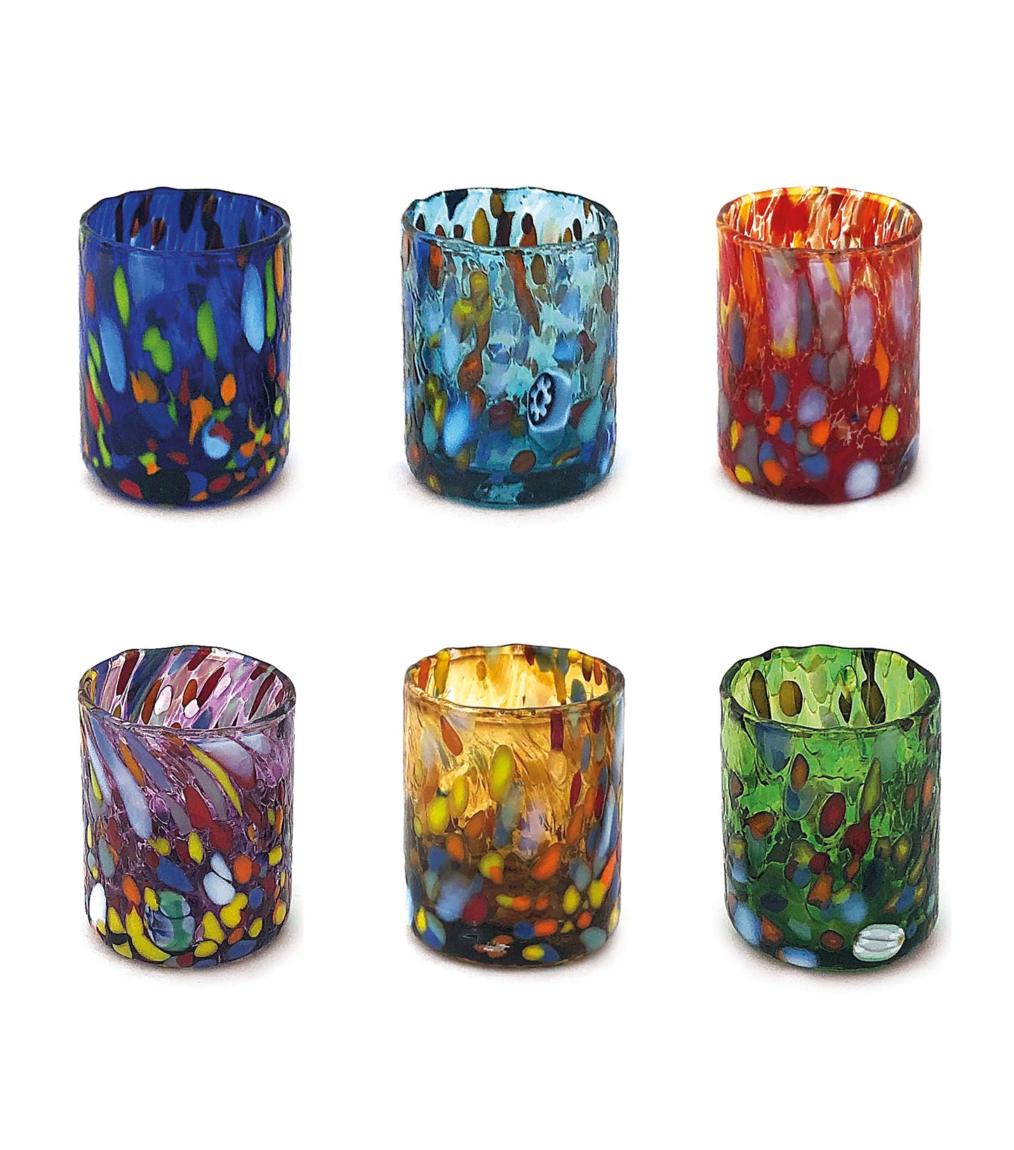 Bicchieri Shot Classic in Vetro Soffiati e Lavorati a Mano con Murrine di Murano, linea “I Colori di Murano” 75 ml. Made in Italy