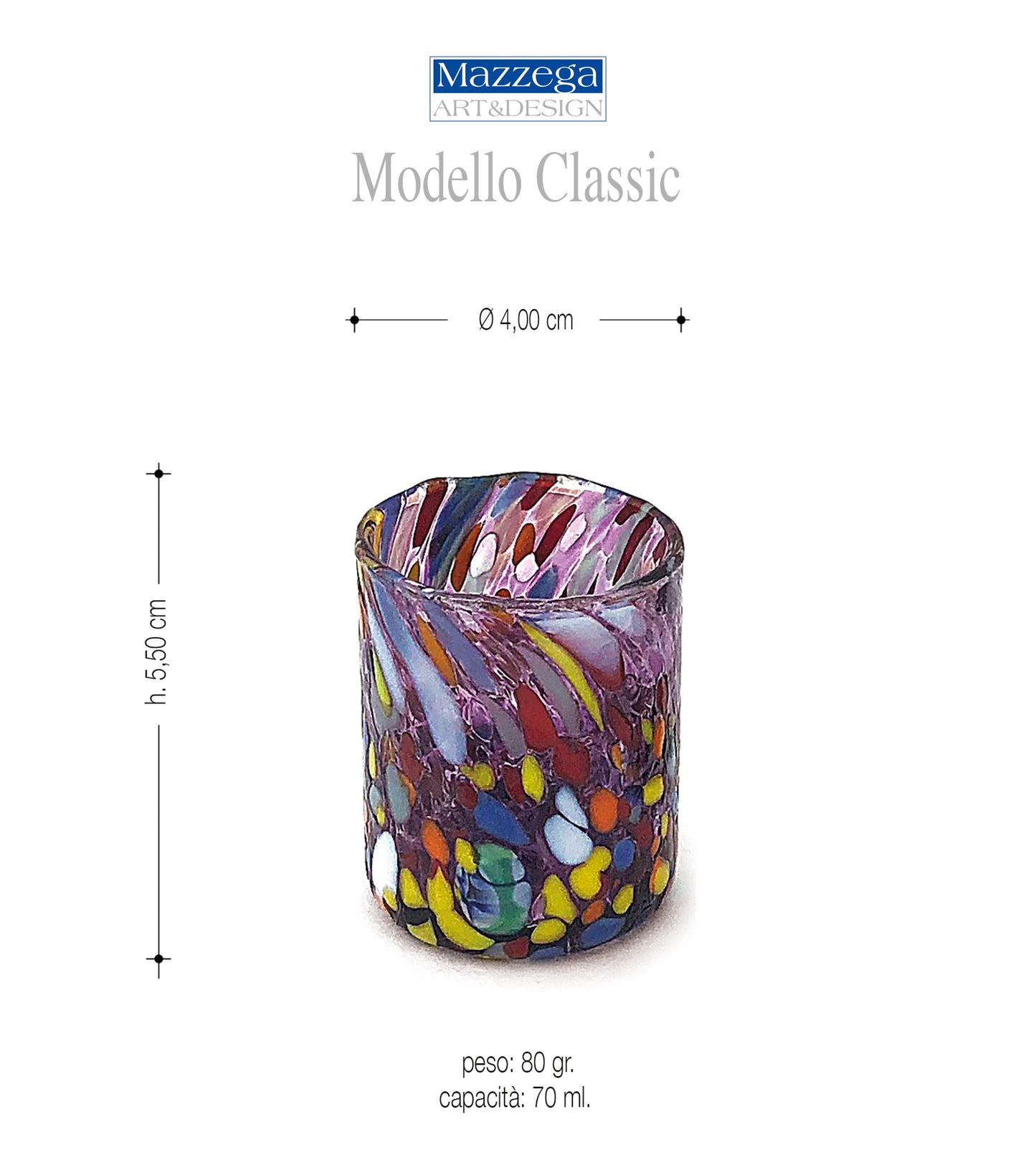 Bicchieri Shot Classic in Vetro Soffiati e Lavorati a Mano con Murrine di Murano, linea “I Colori di Murano” 75 ml. Made in Italy