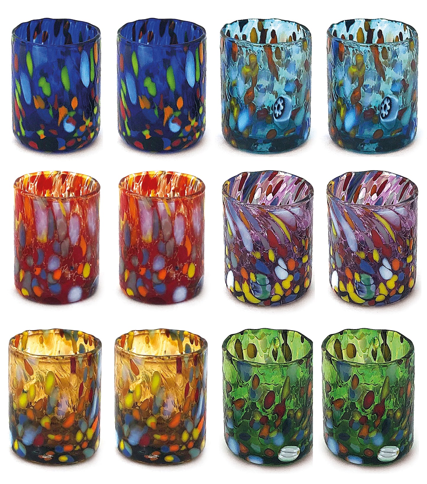 Bicchieri Shot Classic in Vetro Soffiati e Lavorati a Mano con Murrine di Murano, linea “I Colori di Murano” 75 ml. Made in Italy