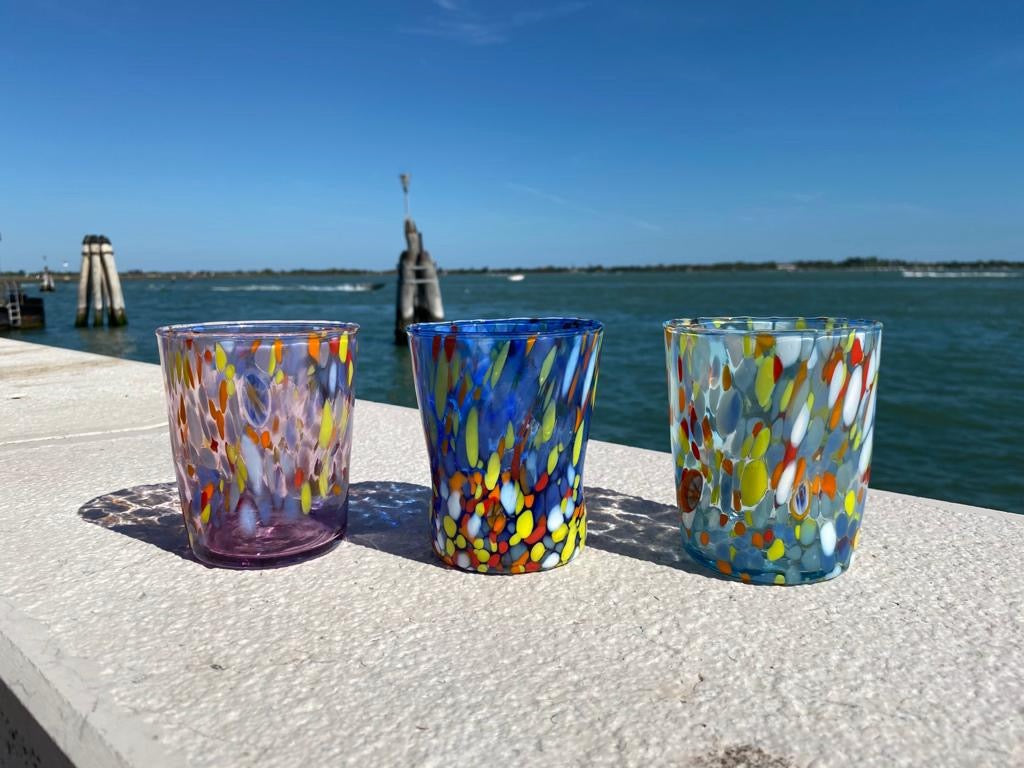 Bicchieri Tumbler Classic in Vetro Soffiati e Lavorati a Mano con Murrine di Murano, linea “I Colori di Murano” 350 ml. Made in Italy