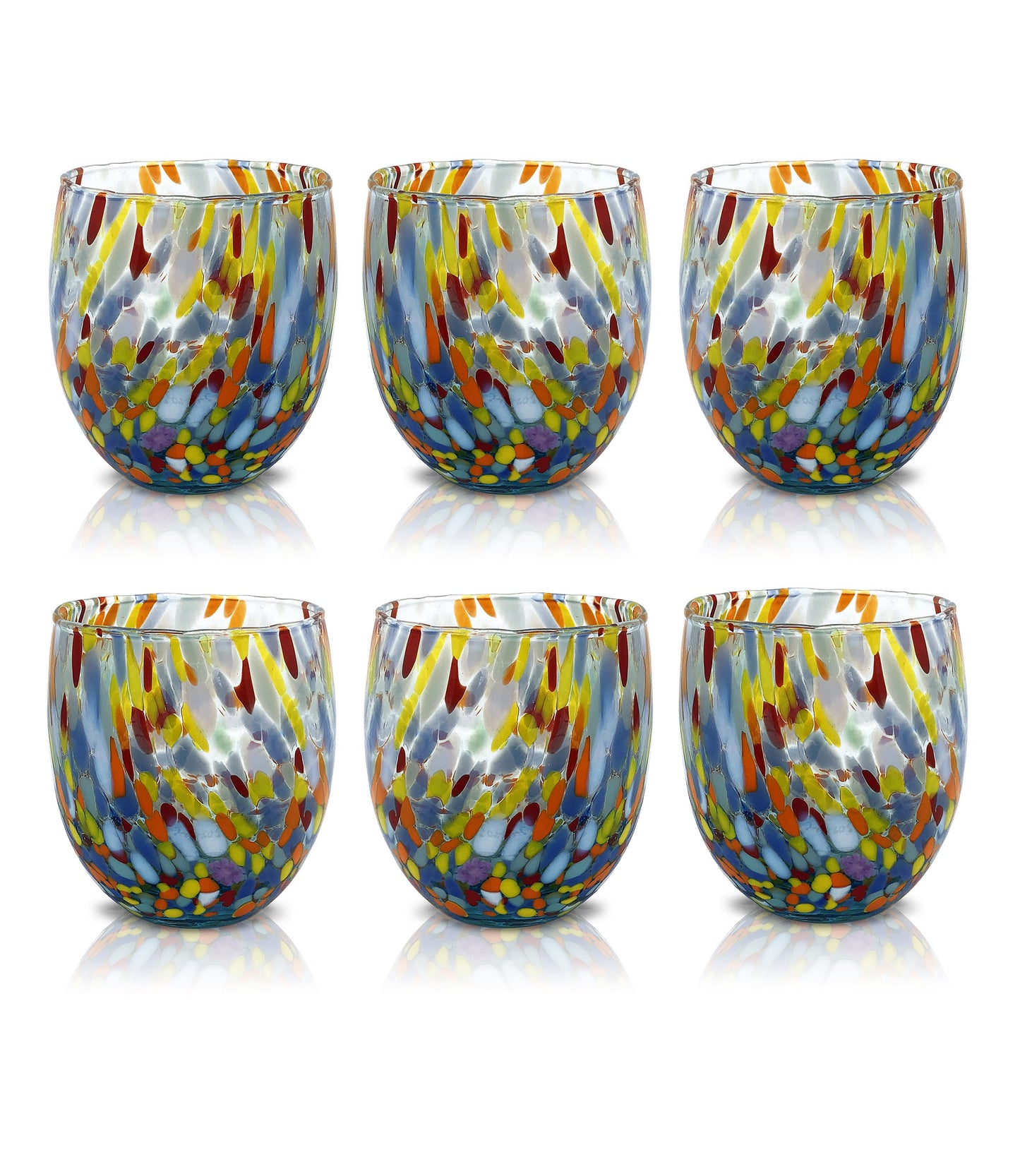 6 Bicchieri Acqua Classic in Vetro Soffiati e Lavorati a Mano con Murrine di Murano, linea “I Colori di Murano” 320 ml. Made in Italy