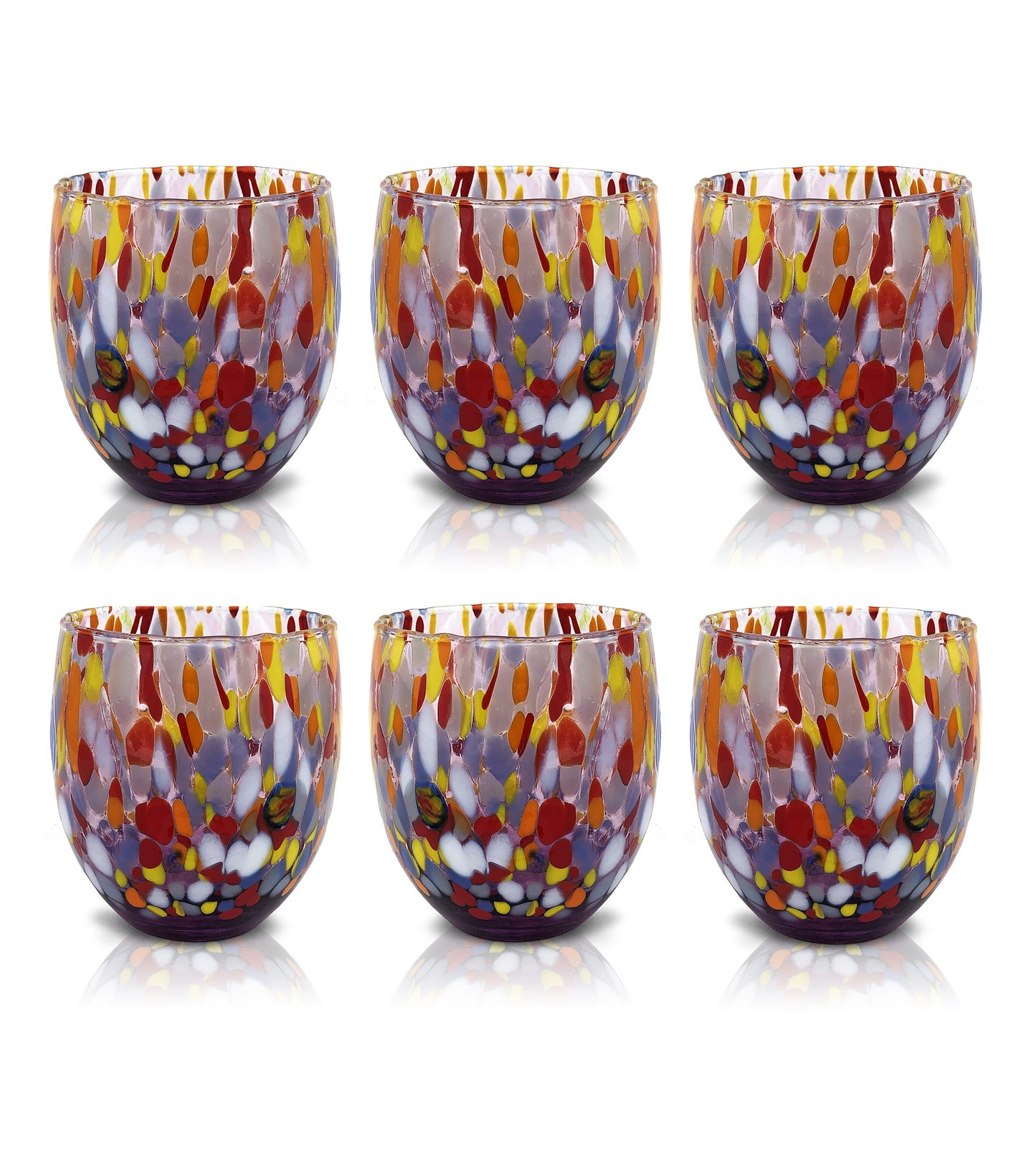 6 Bicchieri Acqua Classic in Vetro Soffiati e Lavorati a Mano con Murrine di Murano, linea “I Colori di Murano” 320 ml. Made in Italy