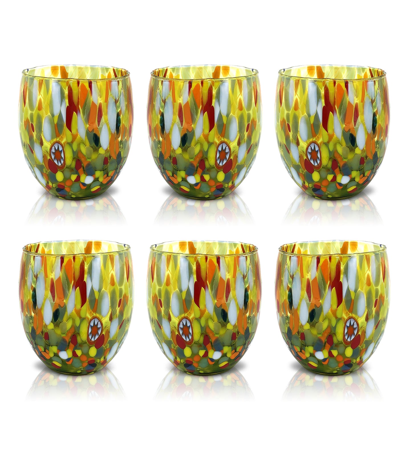 6 Bicchieri Acqua Classic in Vetro Soffiati e Lavorati a Mano con Murrine di Murano, linea “I Colori di Murano” 320 ml. Made in Italy