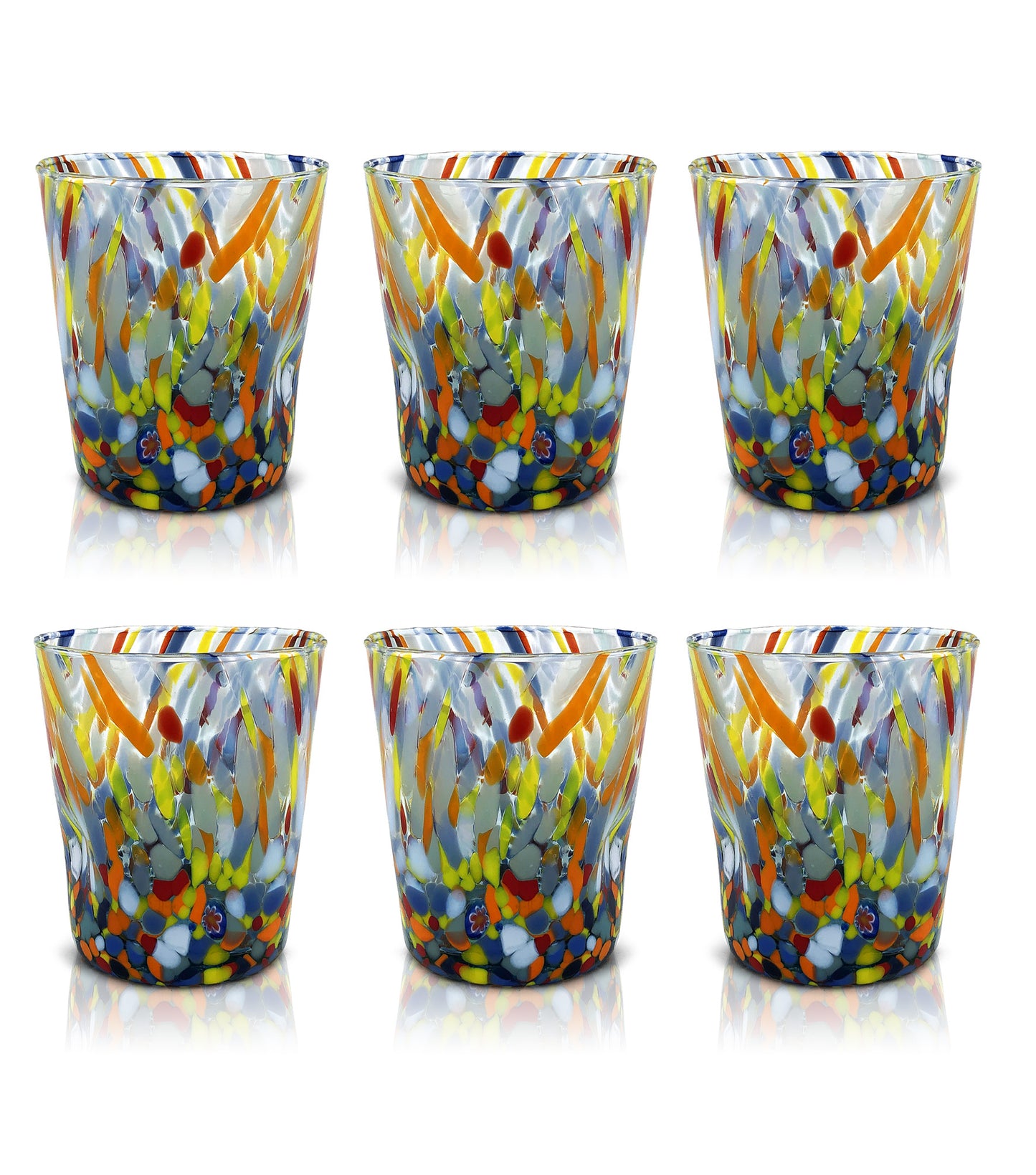 Bicchieri Tumbler Classic in Vetro Soffiati e Lavorati a Mano con Murrine di Murano, linea “I Colori di Murano” 350 ml. Made in Italy