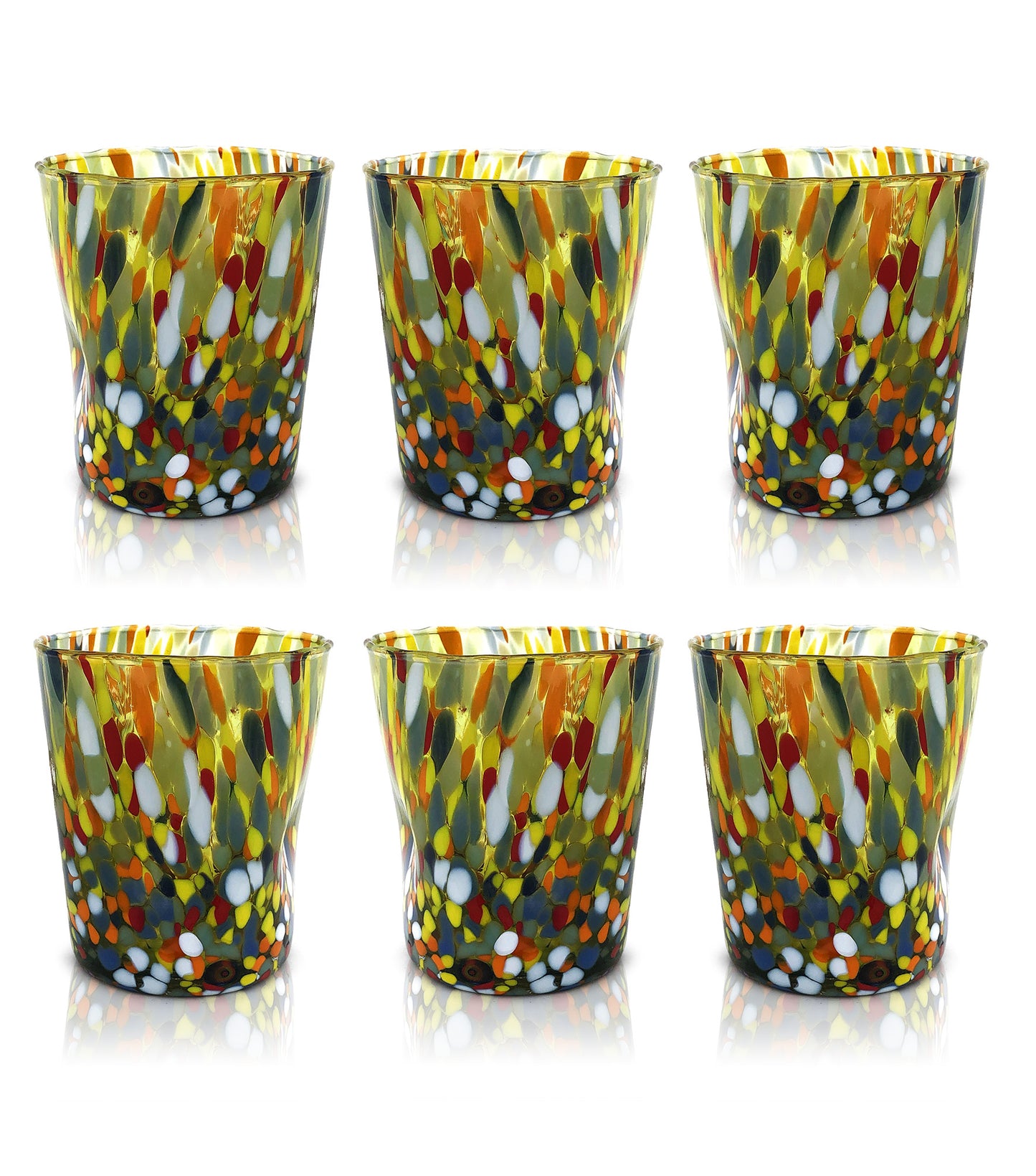 Bicchieri Tumbler Classic in Vetro Soffiati e Lavorati a Mano con Murrine di Murano, linea “I Colori di Murano” 350 ml. Made in Italy
