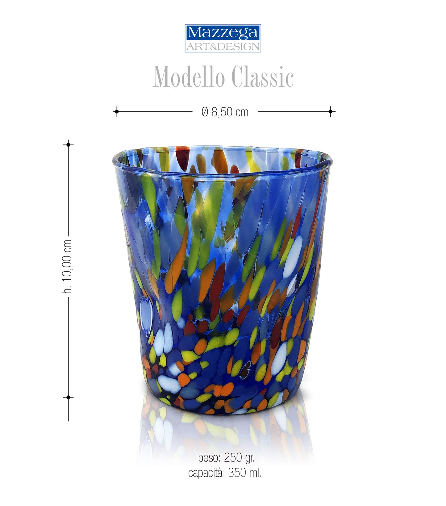 Bicchieri Tumbler Classic in Vetro Soffiati e Lavorati a Mano con Murrine di Murano, linea “I Colori di Murano” 350 ml. Made in Italy