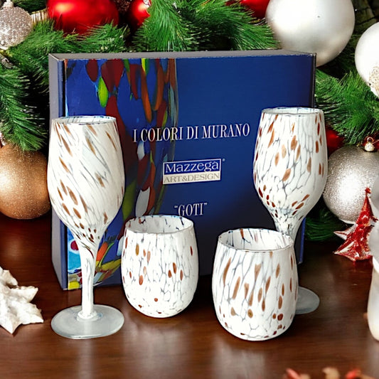 Set aus Weingläsern und Gläsern aus mundgeblasenem und handgefertigtem Glas mit Geschenkbox „I Colori di Murano“ mit Aventurin – elegant für raffinierte Anlässe – hergestellt in Italien