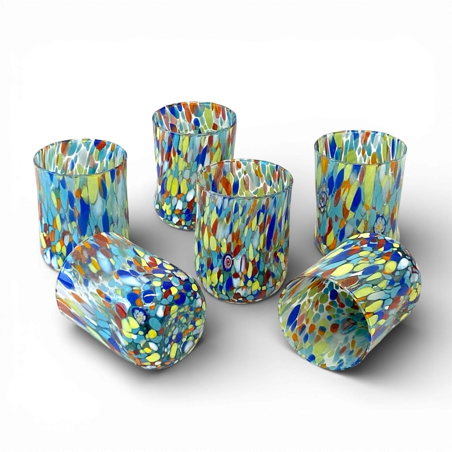 Bicchieri Cilindro Classic in Vetro Soffiati e Lavorati a Mano con Murrine di Murano, linea “I Colori di Murano” 400 ml. Made in Italy