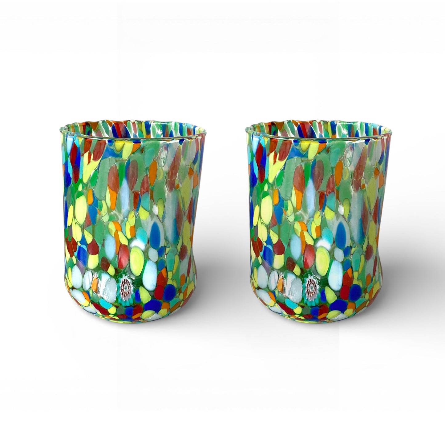 Bicchieri Cilindro Classic in Vetro Soffiati e Lavorati a Mano con Murrine di Murano, linea “I Colori di Murano” 400 ml. Made in Italy