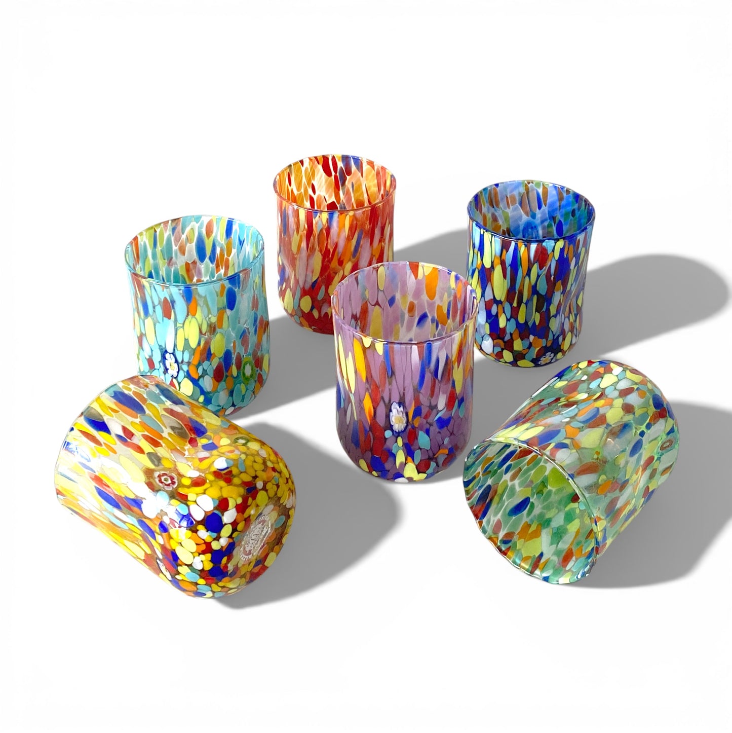 Bicchieri Cilindro Classic in Vetro Soffiati e Lavorati a Mano con Murrine di Murano, linea “I Colori di Murano” 400 ml. Made in Italy