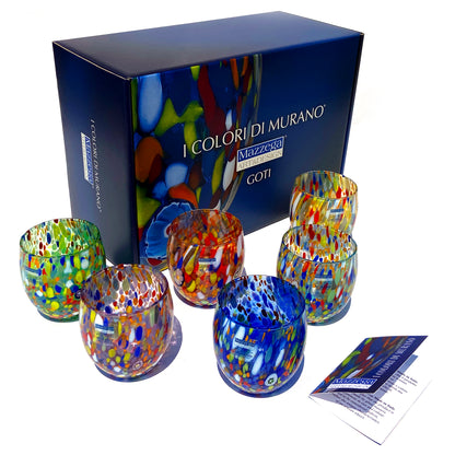 6 Bicchieri Acqua Classic in Vetro Soffiati e Lavorati a Mano con Murrine di Murano, linea “I Colori di Murano” 320 ml. Made in Italy