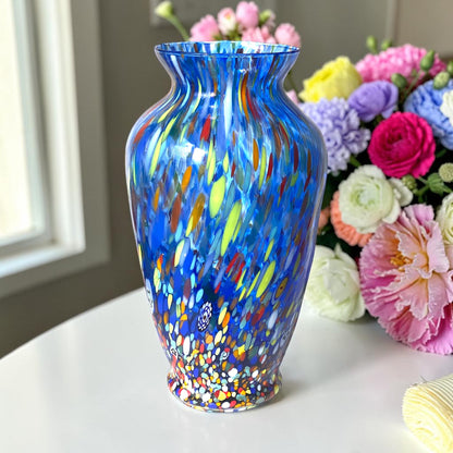 Vaso in Vetro Soffiato stile "CLASSIC" Lavorato a Mano con Murrine di Murano, linea “I Colori di Murano” h. 30 cm. Made in Italy