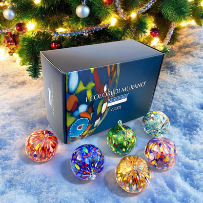 Boules de Noël en verre « I Colori di Murano », paquet de 6 grandes boules de verre soufflées colorées, décorations de Noël ornementales artisanales pour le sapin de Noël avec anneau de suspension Ø 9 cm.