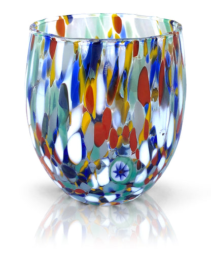 6 Harlekin-Wassergläser, mundgeblasen und aus Murano-Murrine gefertigt, Kollektion „I Colori di Murano“, 320 ml. Hergestellt in Italien.