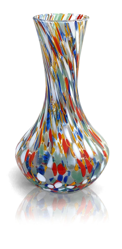 1 Vaso in Vetro Arlecchino Soffiato e Lavorato a Mano con Murrine di Murano, linea “I Colori di Murano” Made in Italy h. 19 cm.