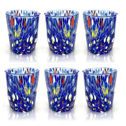 6 Bicchieri Tumbler Colombina in Vetro Soffiati e Lavorati a Mano con Murrine di Murano, linea “I Colori di Murano” 350 ml. Made in Italy