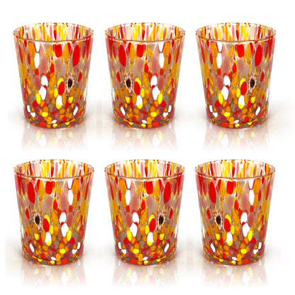 6 Bicchieri Tumbler Colombina in Vetro Soffiati e Lavorati a Mano con Murrine di Murano, linea “I Colori di Murano” 350 ml. Made in Italy
