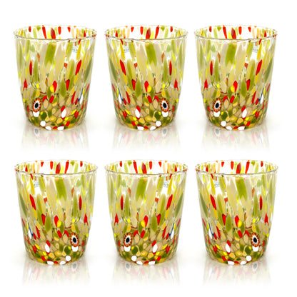 6 Bicchieri Tumbler Colombina in Vetro Soffiati e Lavorati a Mano con Murrine di Murano, linea “I Colori di Murano” 350 ml. Made in Italy
