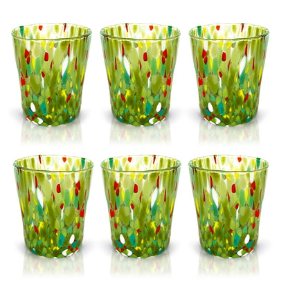 6 Bicchieri Tumbler Colombina in Vetro Soffiati e Lavorati a Mano con Murrine di Murano, linea “I Colori di Murano” 350 ml. Made in Italy