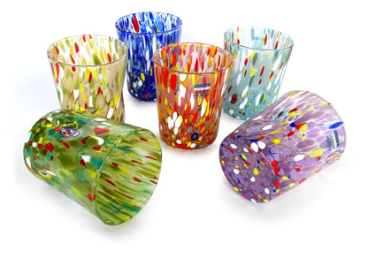 6 Bicchieri Tumbler Colombina in Vetro Soffiati e Lavorati a Mano con Murrine di Murano, linea “I Colori di Murano” 350 ml. Made in Italy