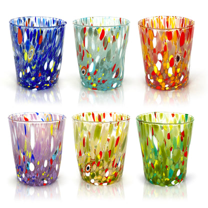6 Bicchieri Tumbler Colombina in Vetro Soffiati e Lavorati a Mano con Murrine di Murano, linea “I Colori di Murano” 350 ml. Made in Italy