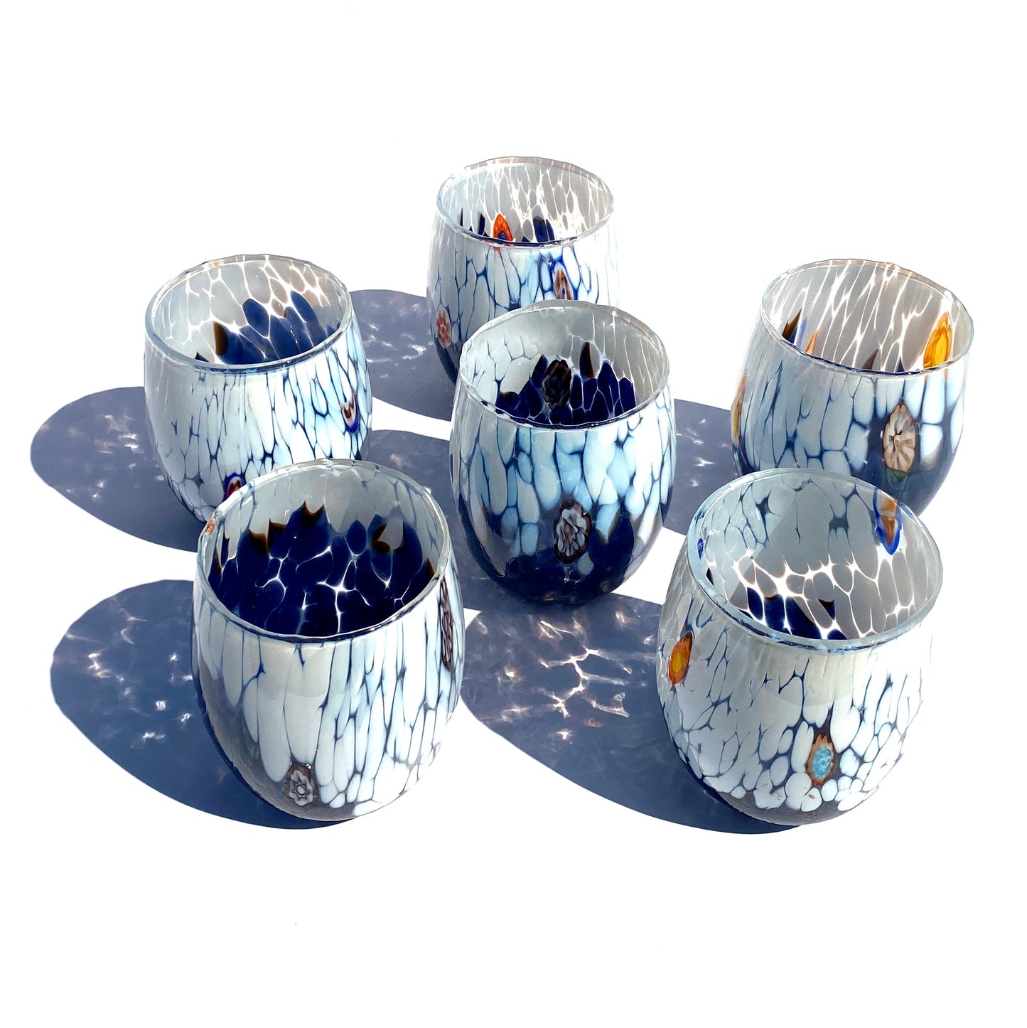 6 Bicchieri Acqua Big Bicolor in Vetro Soffiati e Lavorati a Mano con Murrine di Murano, linea “I Colori di Murano” 435 ml. Made in Italy