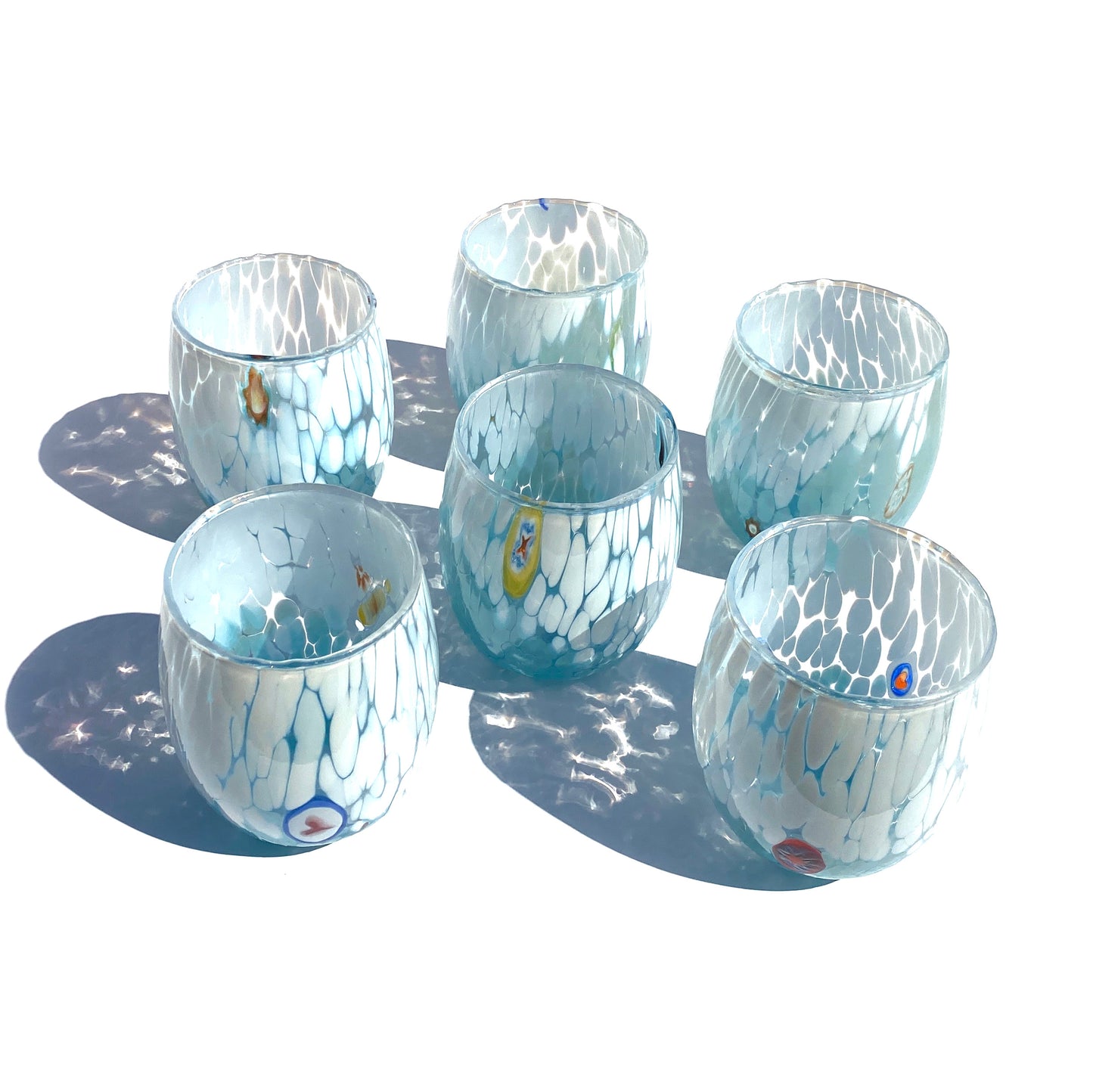 6 Bicchieri Acqua Big Bicolor in Vetro Soffiati e Lavorati a Mano con Murrine di Murano, linea “I Colori di Murano” 435 ml. Made in Italy