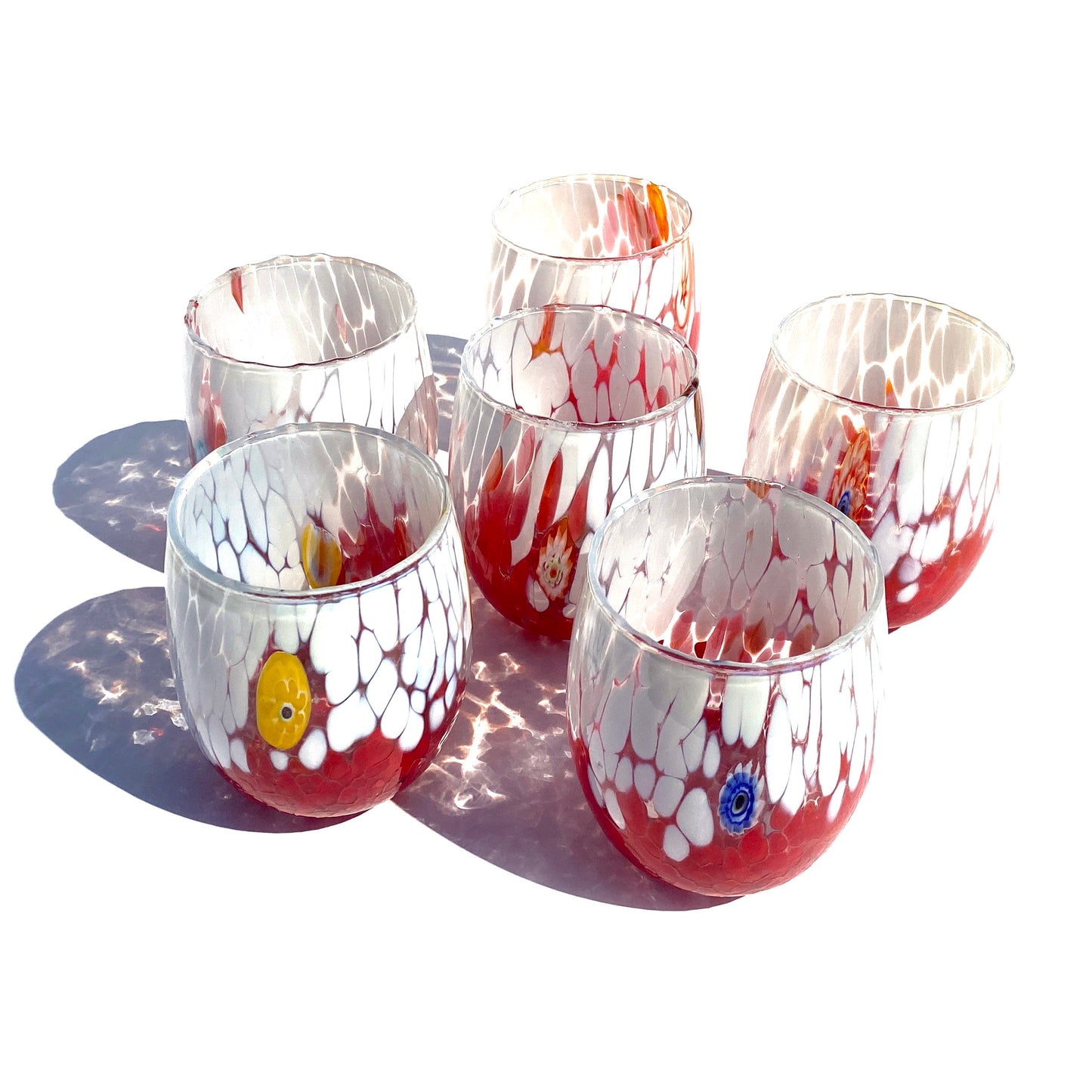 6 Bicchieri Acqua Big Bicolor in Vetro Soffiati e Lavorati a Mano con Murrine di Murano, linea “I Colori di Murano” 435 ml. Made in Italy