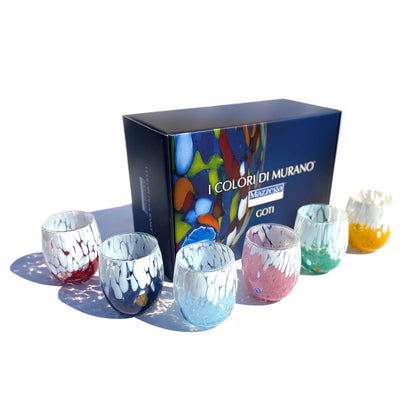 6 Bicchieri Acqua Big Bicolor in Vetro Soffiati e Lavorati a Mano con Murrine di Murano, linea “I Colori di Murano” 435 ml. Made in Italy