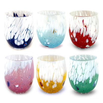 6 Bicchieri Acqua Big Bicolor in Vetro Soffiati e Lavorati a Mano con Murrine di Murano, linea “I Colori di Murano” 435 ml. Made in Italy