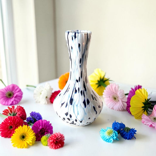 1 Vaso in Vetro Avventurina Blu Soffiato e Lavorato a Mano con Murrine di Murano, linea “I Colori di Murano” Made in Italy h. 19 cm.