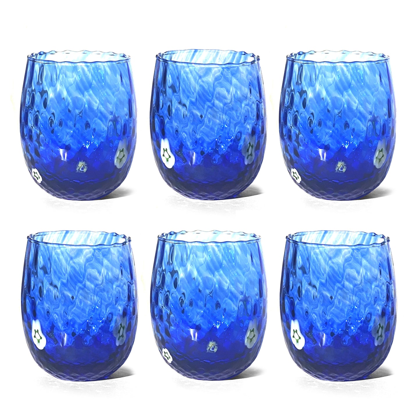 Verres Balloton en verre soufflé et travaillé à la main avec Murrines de Murano, ligne “I Colori di Murano”, 350 ml. Made in Italy
