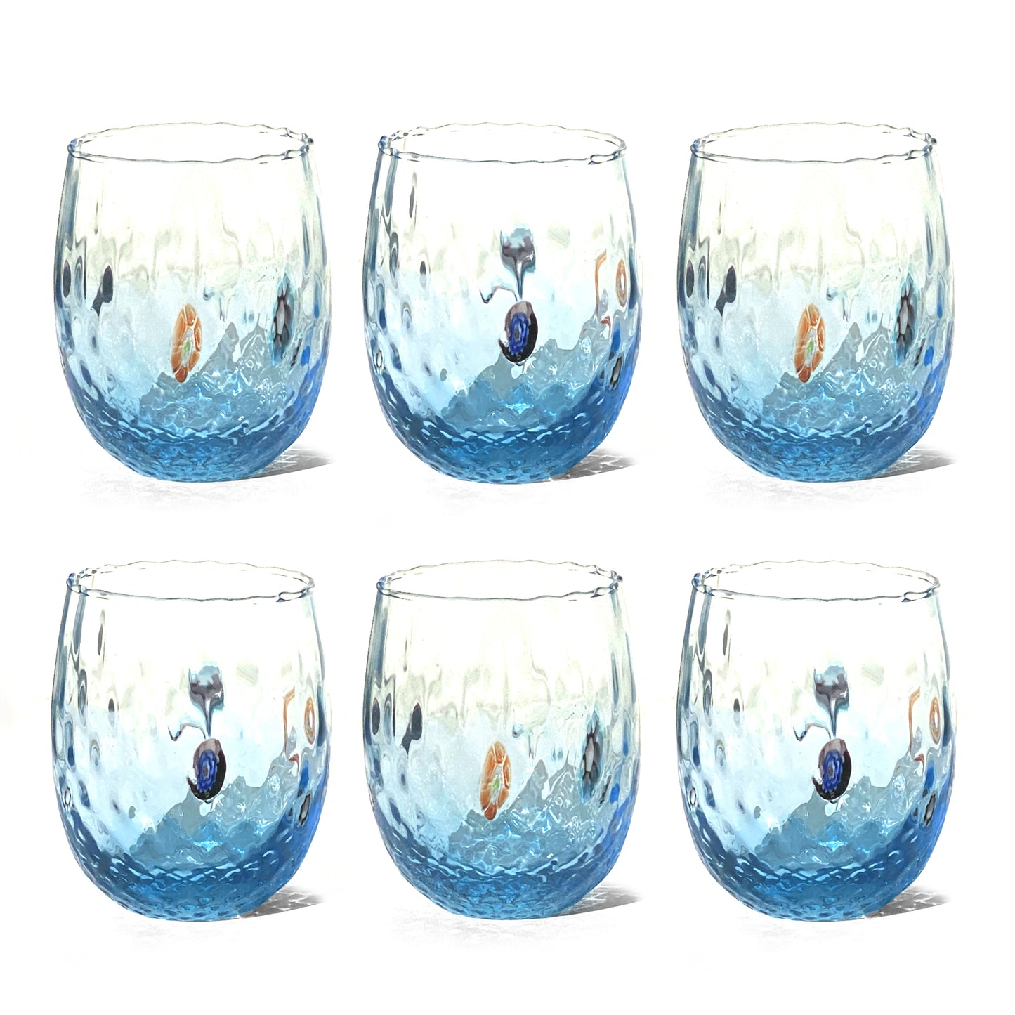 Verres Balloton en verre soufflé et travaillé à la main avec Murrines de Murano, ligne “I Colori di Murano”, 350 ml. Made in Italy