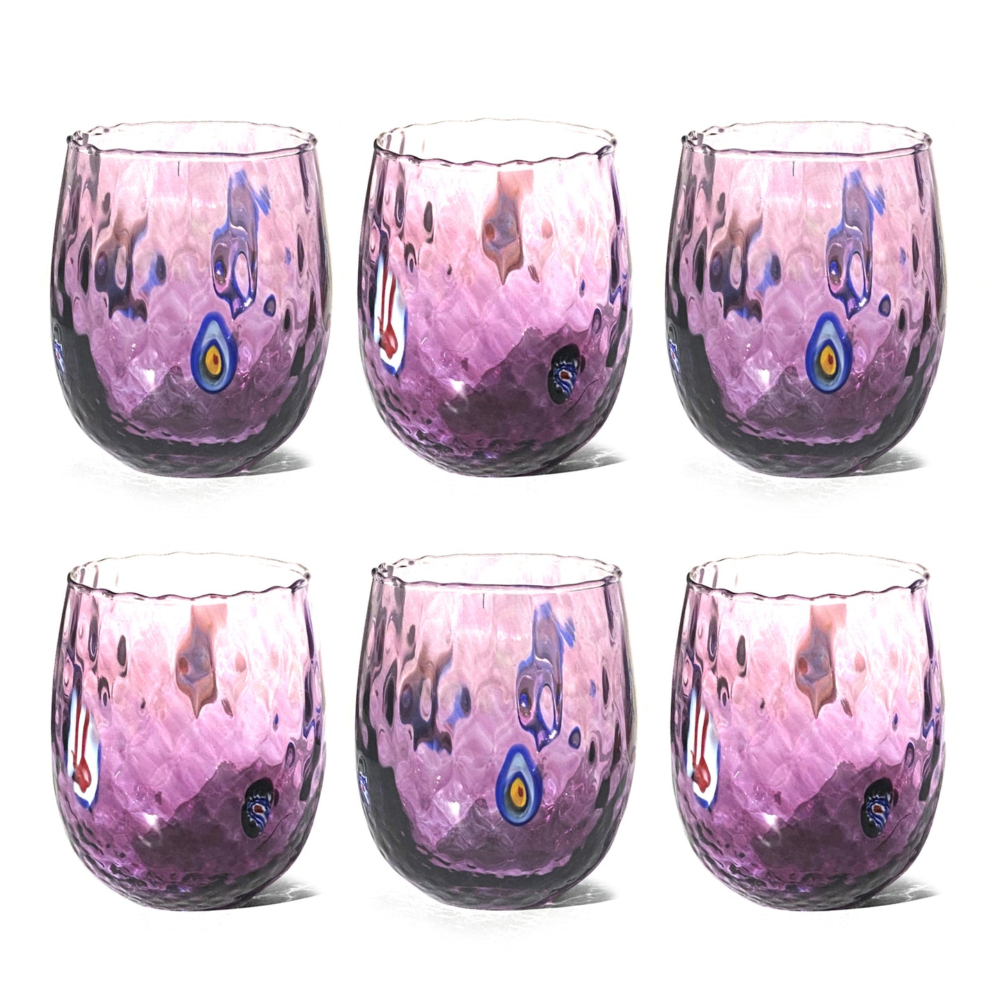 Verres Balloton en verre soufflé et travaillé à la main avec Murrines de Murano, ligne “I Colori di Murano”, 350 ml. Made in Italy