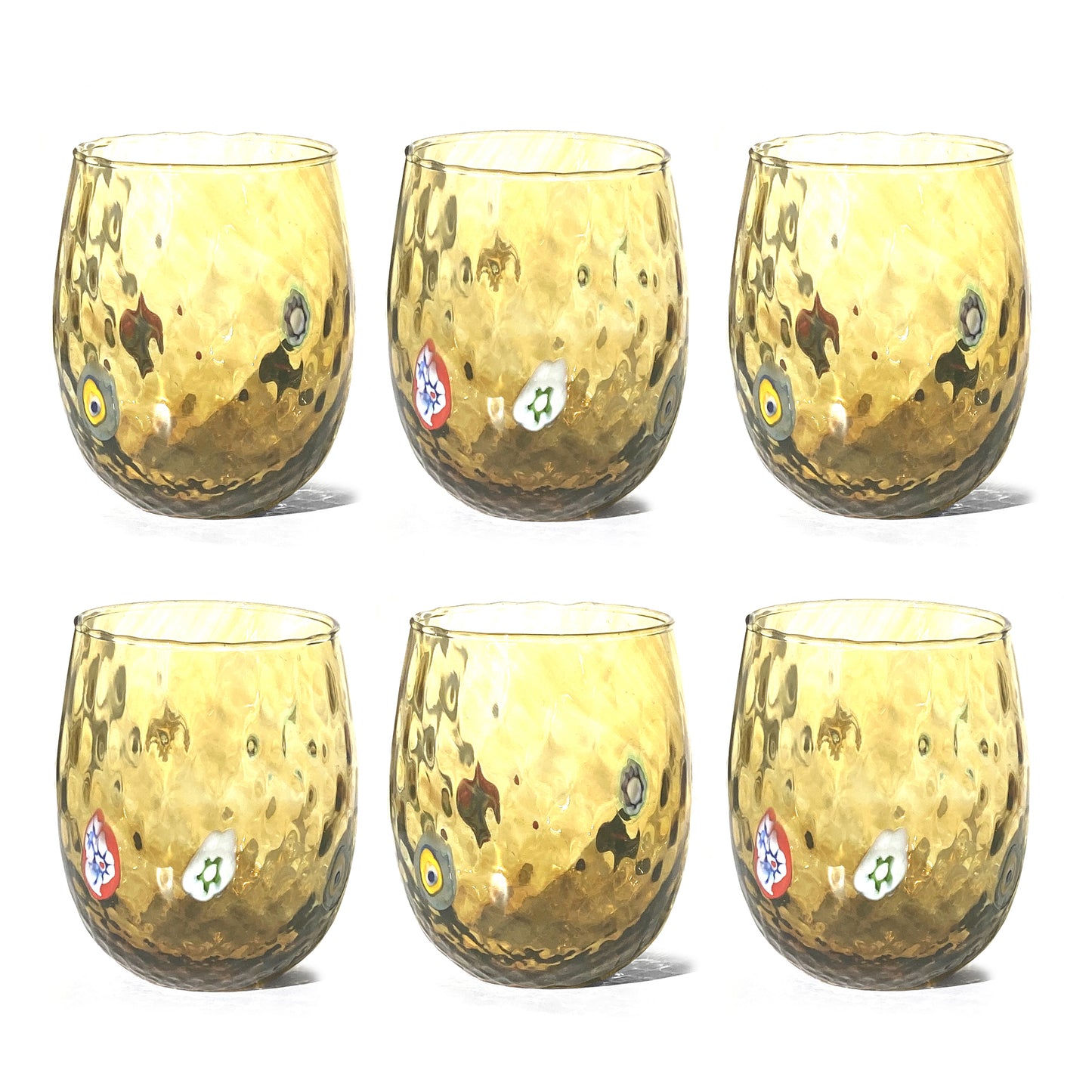 Verres Balloton en verre soufflé et travaillé à la main avec Murrines de Murano, ligne “I Colori di Murano”, 350 ml. Made in Italy