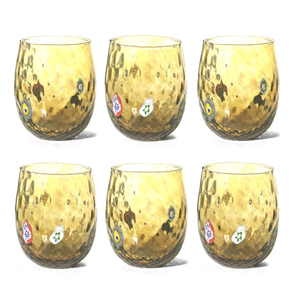 Verres Balloton en verre soufflé et travaillé à la main avec Murrines de Murano, ligne “I Colori di Murano”, 350 ml. Made in Italy