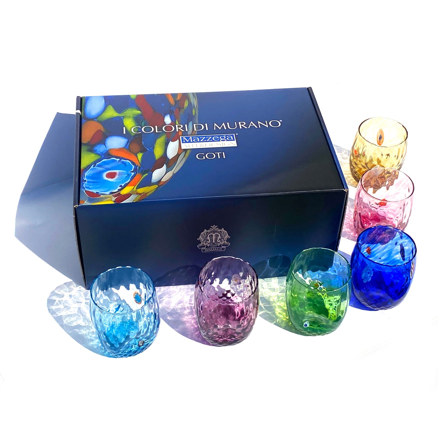 Verres Balloton en verre soufflé et travaillé à la main avec Murrines de Murano, ligne “I Colori di Murano”, 350 ml. Made in Italy