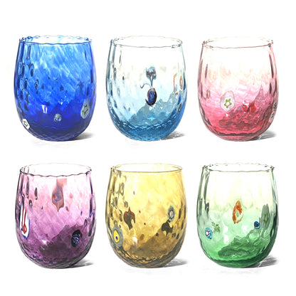 Verres Balloton en verre soufflé et travaillé à la main avec Murrines de Murano, ligne “I Colori di Murano”, 350 ml. Made in Italy