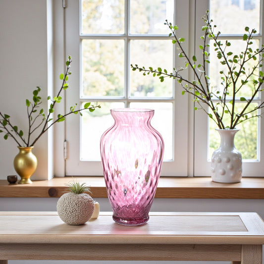 1 Vaso in Vetro Soffiato stile "BALLOTON" Lavorato a Mano con Murrine di Murano, linea “I Colori di Murano” h. 30 cm. Made in Italy