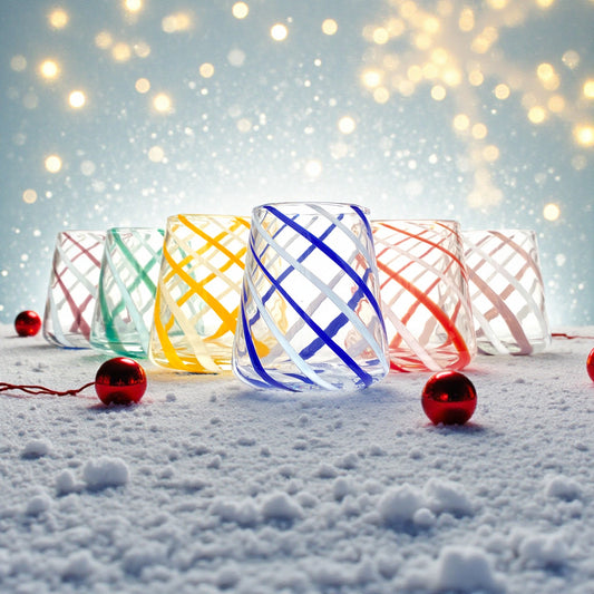 6 Bicchieri Cono Spiral in Vetro Soffiati e Lavorati a Mano con Bacchette di Murano, linea “I Colori di Murano” 330 ml. Made in Italy