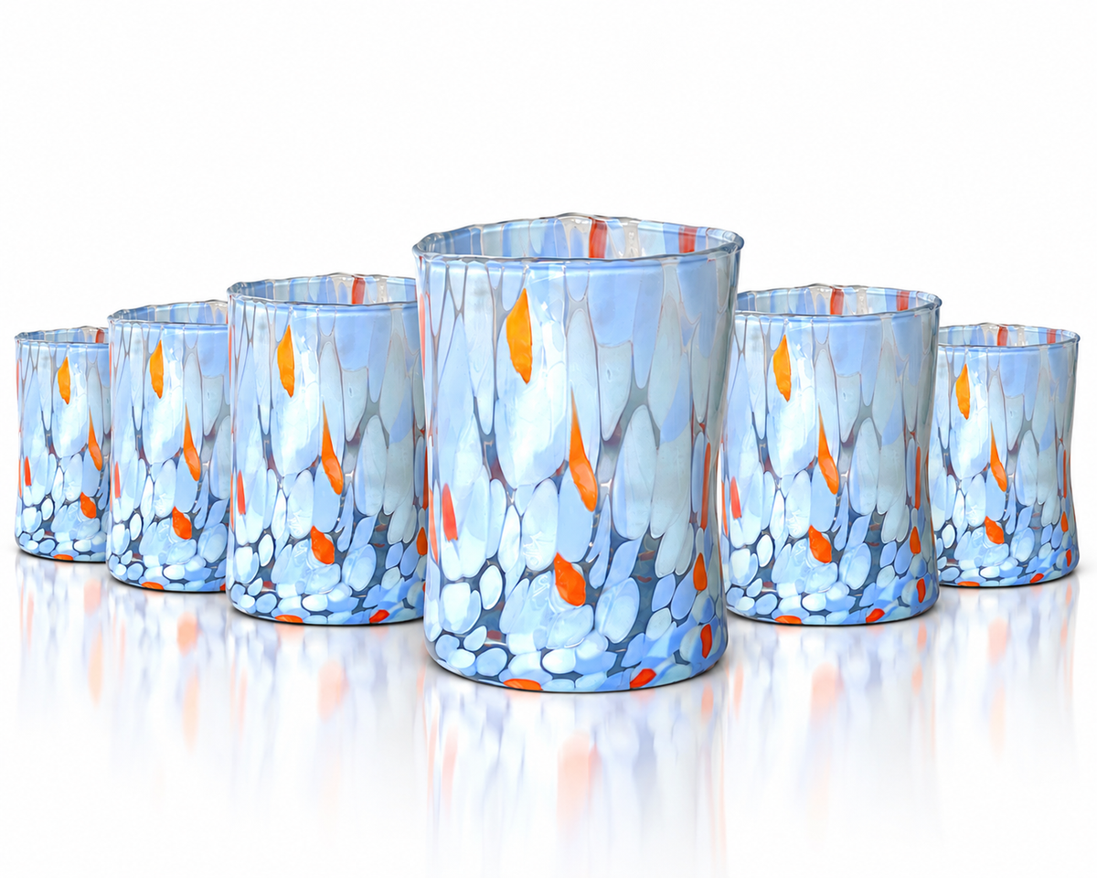 Bicchieri Tumbler Naif in Vetro Soffiati e Lavorati a Mano con Graniglie di Murano, linea “I Colori di Murano” 395 ml. Made in Italy