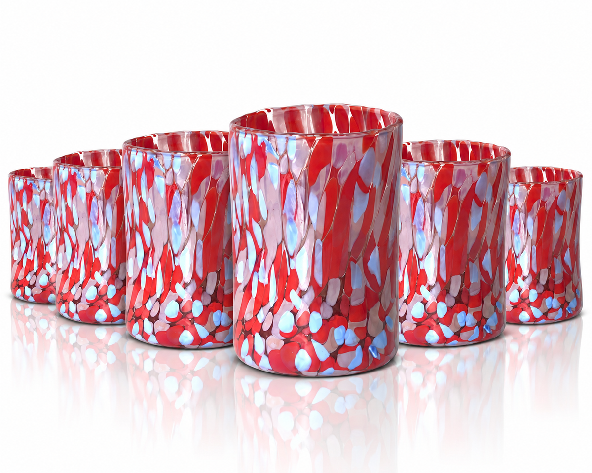 Bicchieri Tumbler Naif in Vetro Soffiati e Lavorati a Mano con Graniglie di Murano, linea “I Colori di Murano” 395 ml. Made in Italy