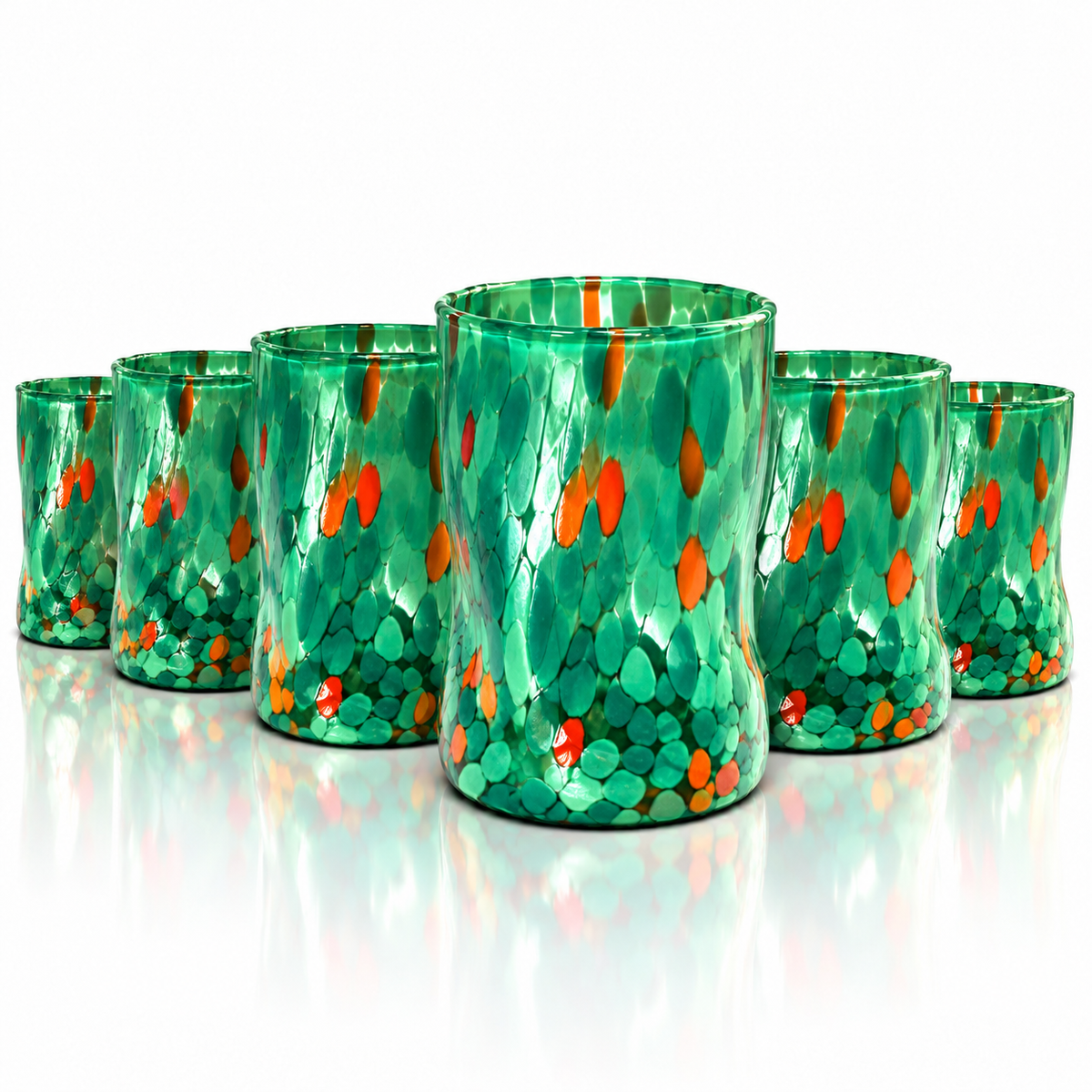 Bicchieri Tumbler Naif in Vetro Soffiati e Lavorati a Mano con Graniglie di Murano, linea “I Colori di Murano” 395 ml. Made in Italy