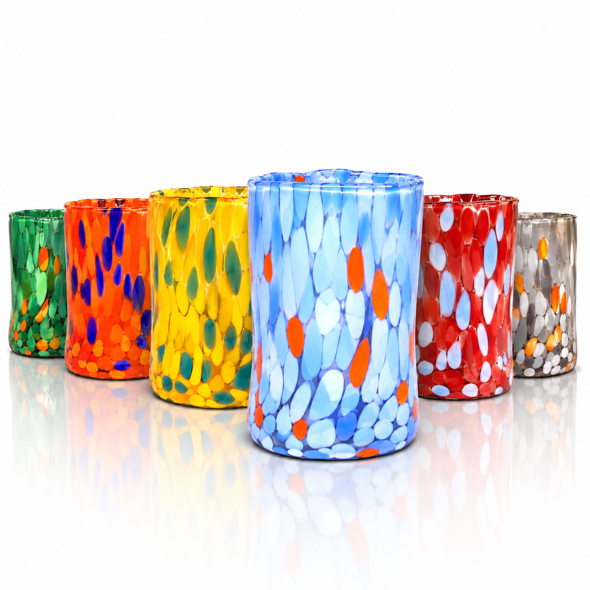 Verres Tumbler Naif en Verre Soufflé et Travaillé à la Main avec des Murrines de Murano, ligne "I Colori di Murano" 395 ml. Fabriqué en Italie