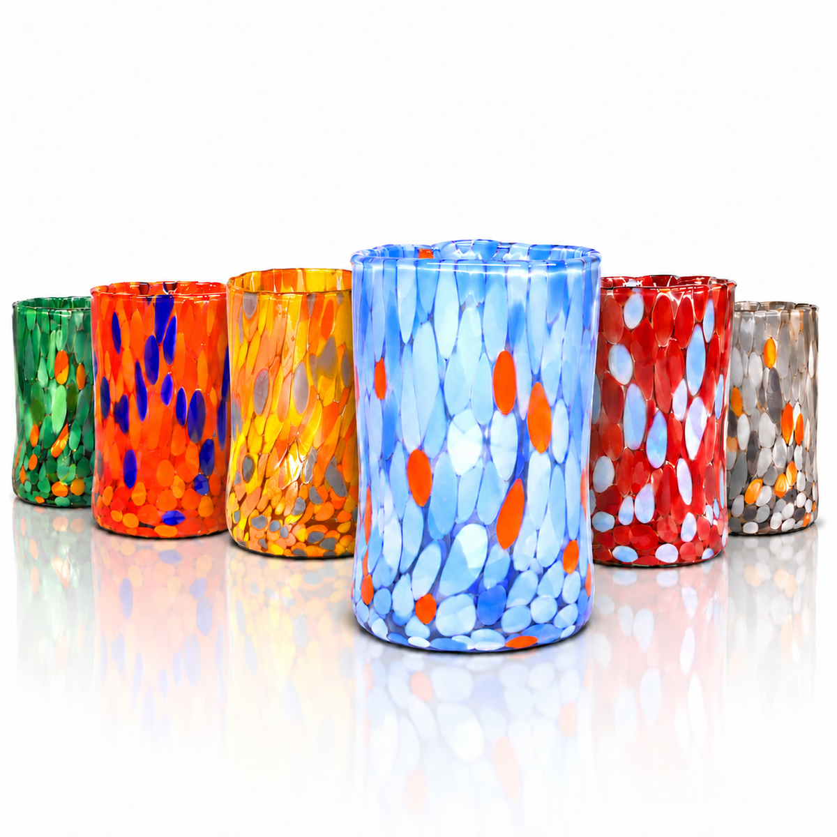 Bicchieri Tumbler Naif in Vetro Soffiati e Lavorati a Mano con Graniglie di Murano, linea “I Colori di Murano” 395 ml. Made in Italy