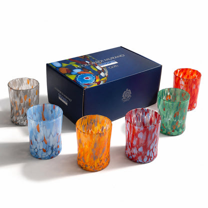 Verres Tumbler Naif en Verre Soufflé et Travaillé à la Main avec des Murrines de Murano, ligne "I Colori di Murano" 395 ml. Fabriqué en Italie