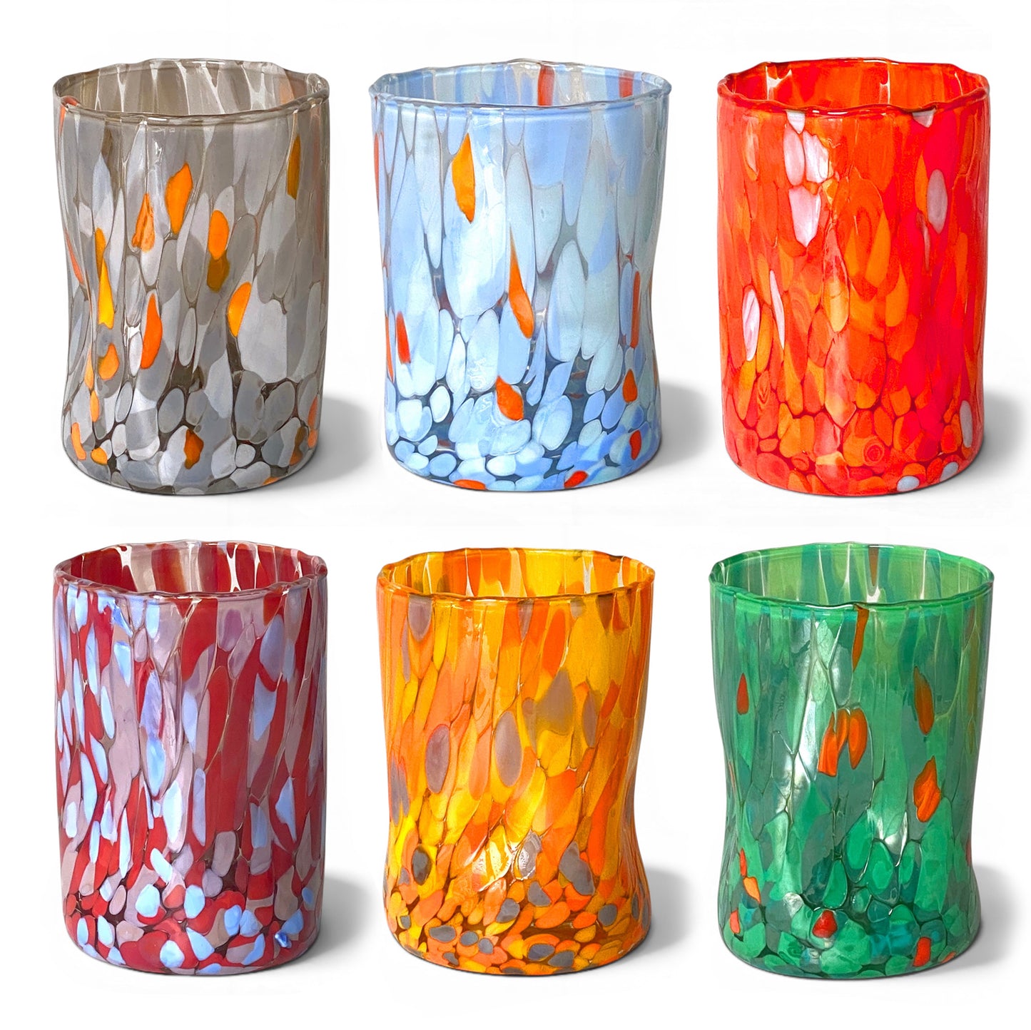 Bicchieri Tumbler Naif in Vetro Soffiati e Lavorati a Mano con Murrine di Murano, linea “I Colori di Murano” 395 ml. Made in Italy