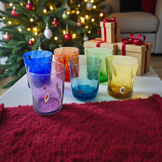6 Bicchieri Tumbler Liberty in Vetro Soffiati e Lavorati a Mano con Murrine di Murano, linea “I Colori di Murano” 350 ml. Made in Italy